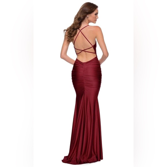 La Femme 29873 Strappy Open Back Shiny Jersey Fitted Gown - Picture 2 of 11